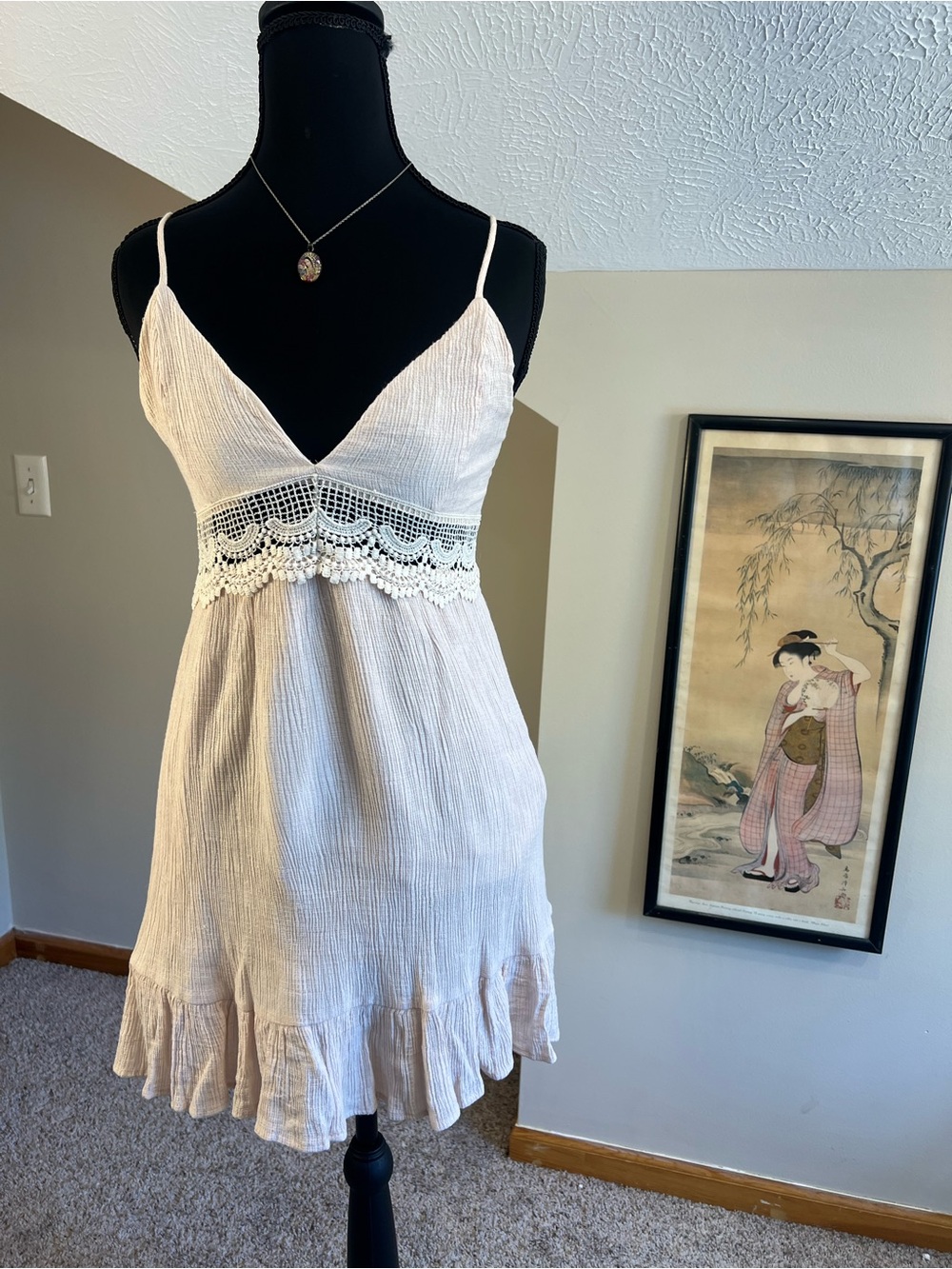 Love Tree Mini Sun Dress Cream Lace Inset Flutter Hem V Neck Spaghetti Strap